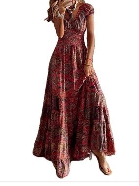 Rust Boho Paisley Maxi Dress Smocked Waist Sz M NWOT